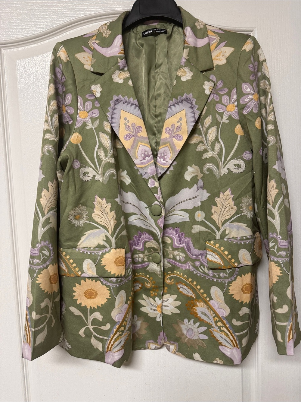 SHEIN Olive Green Floral Blazer with Lavender & Pale Yellow Accents